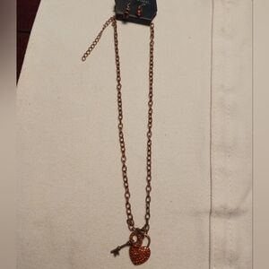 Elegant Copper Tone Heart and Key Necklace and Earrings Set. 16 inch.